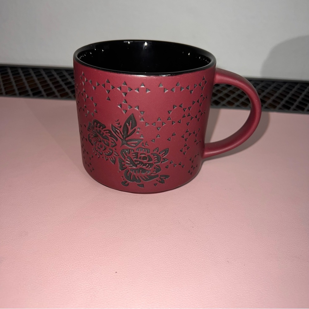 Starbucks Mug 2014 14oz Cranberry/ Maroon Red White Logo Engraved Flower Pattern